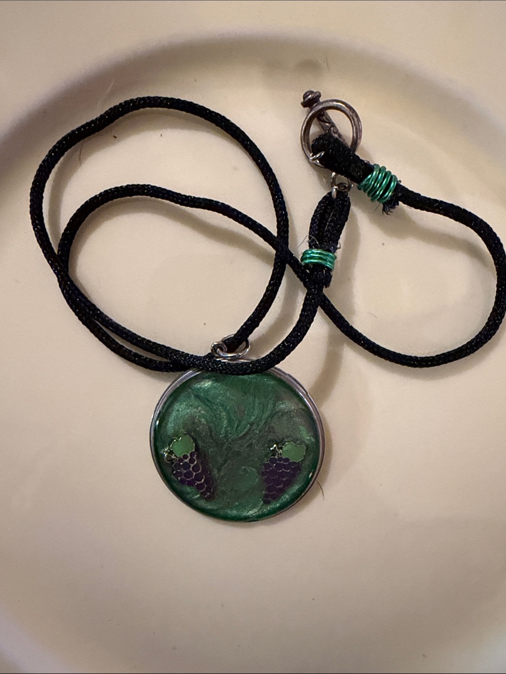 Source Unknown Green and Purple Resin Pendant Necklace with Black Cord